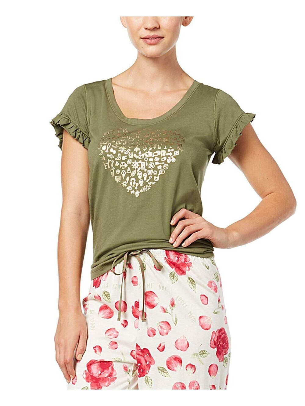 Hue Womens Heart-Graphic Ruffled-Sleeve Pajama Top Size S